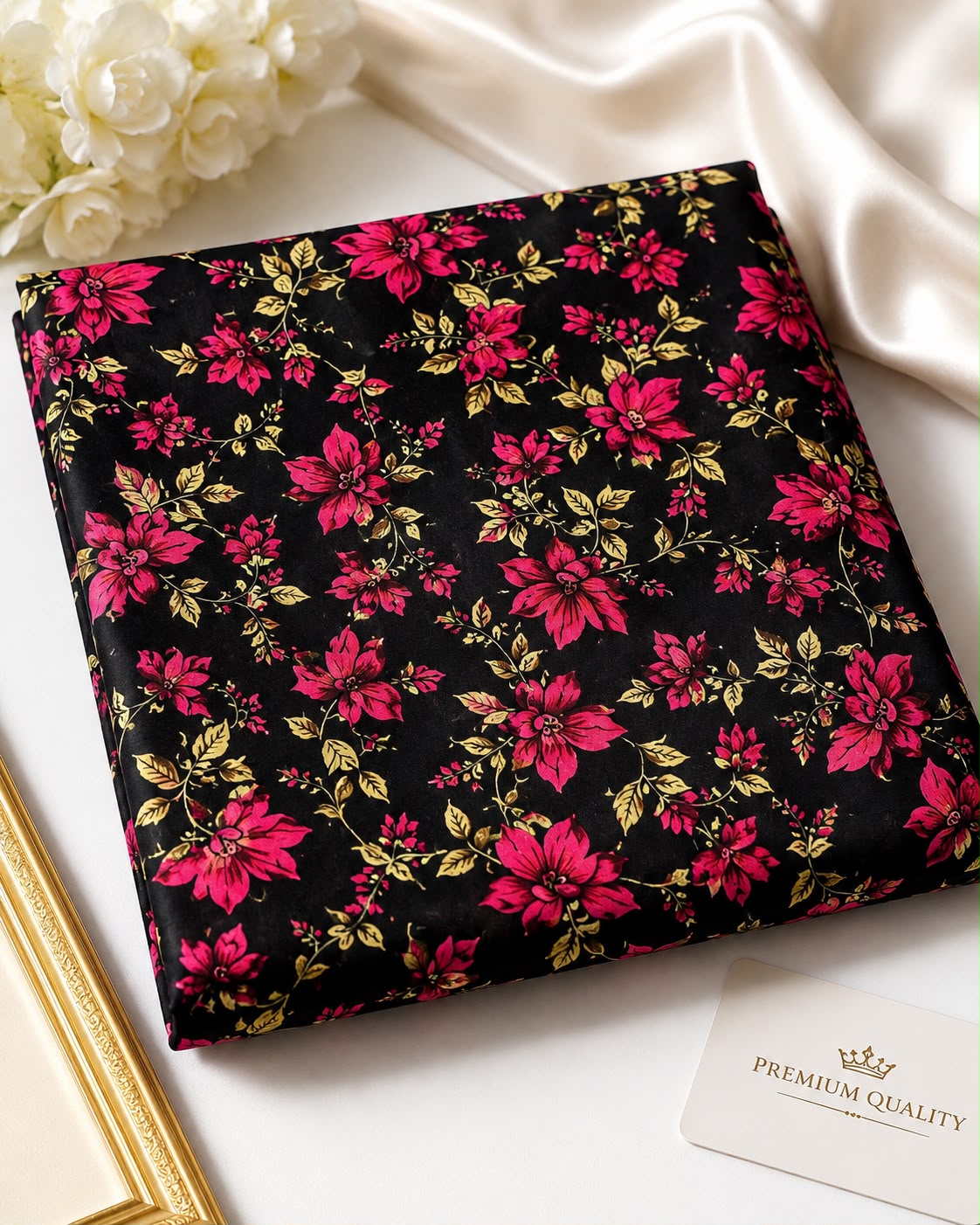 Pink and Golden Floral Print 2-Piece Unstitched Suit