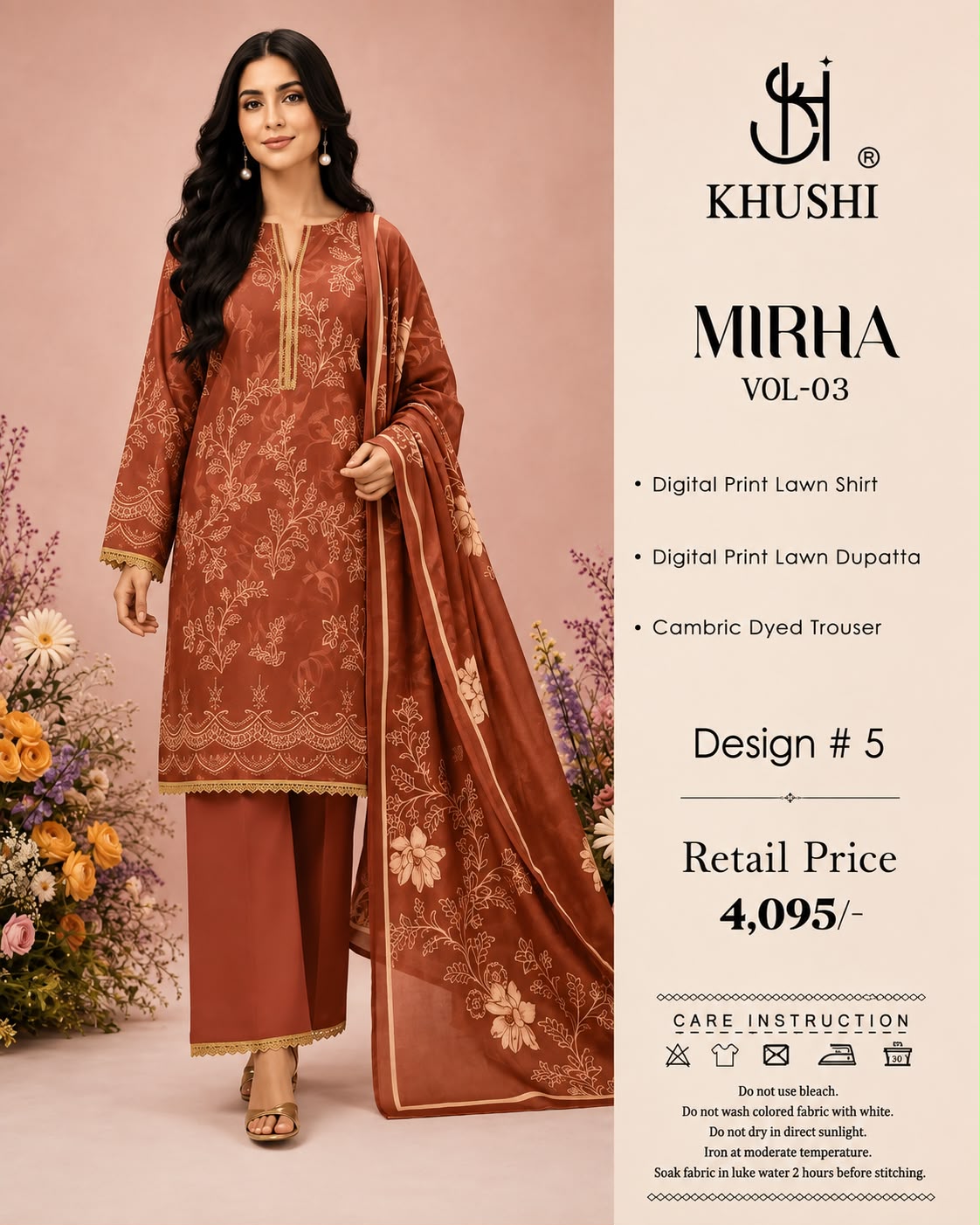 Khushi 3PC Brown Print Lawn | Women's Unstitched Lawn Suit