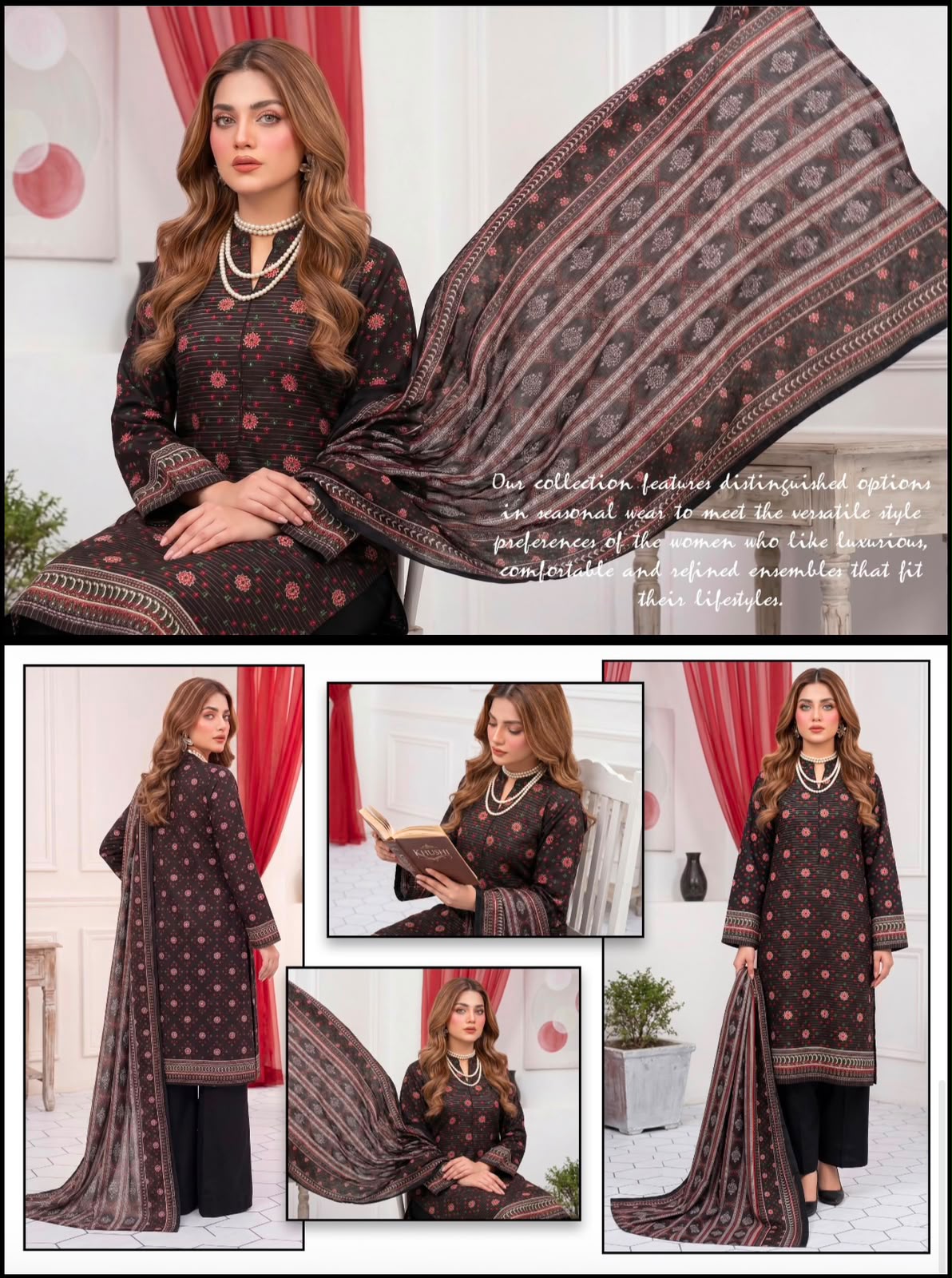 Khushi 3PC Black & Red Small Flower Lawn | Women's Unstitched Lawn Suit
