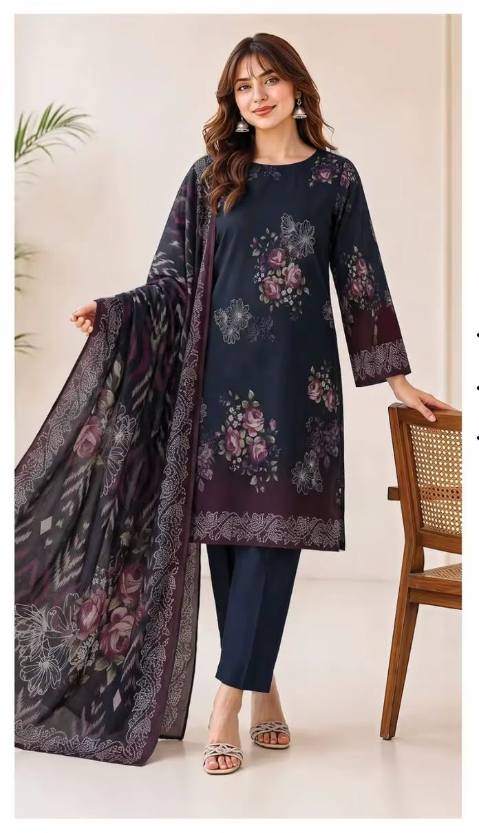 Khushi 3PC Black Colorful Floral Lawn | Women's Unstitched Lawn Suit