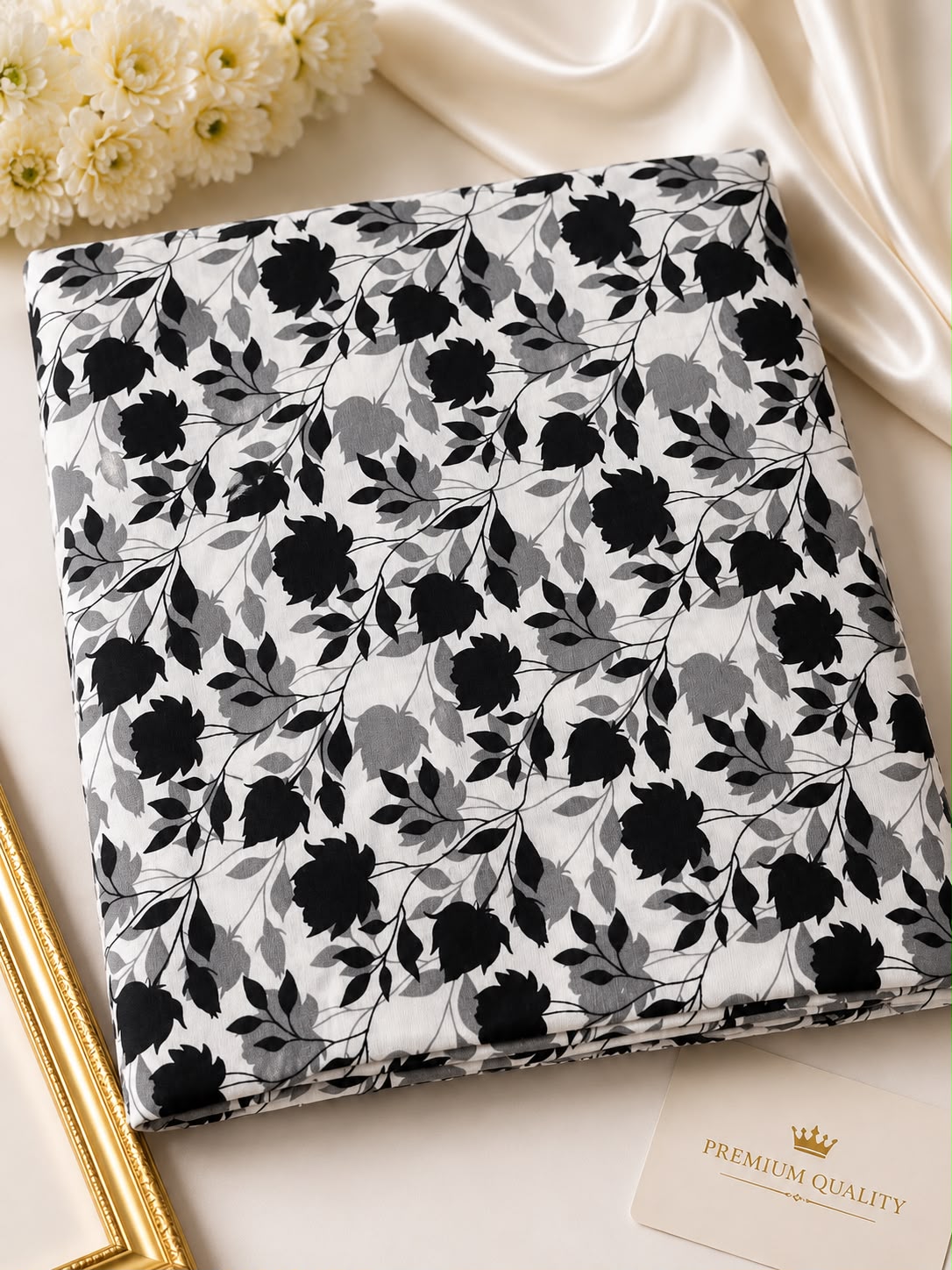 White & Black Floral 2-Piece Unstitched Suit