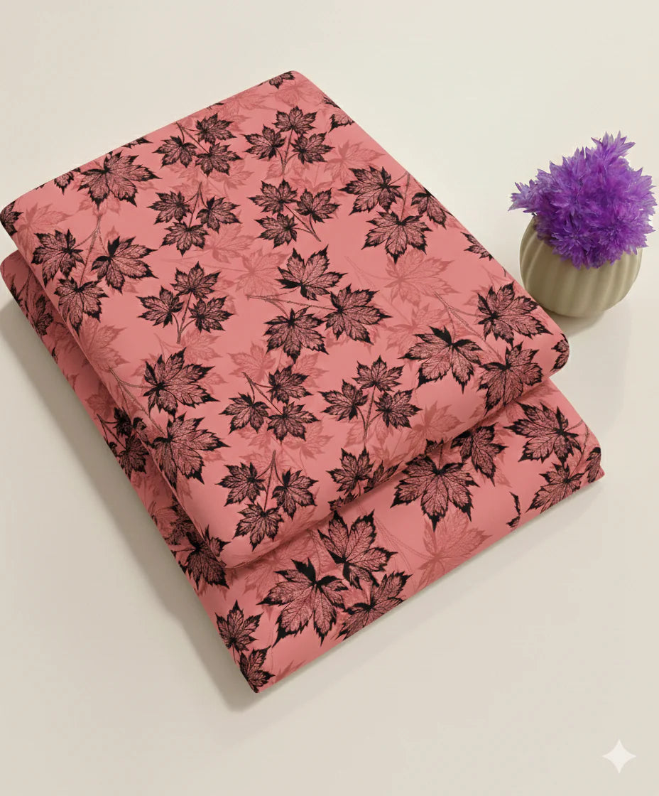 Blush Pink Maple Leaf Floral Print Fabric 2-Piece Unstitched Suit
