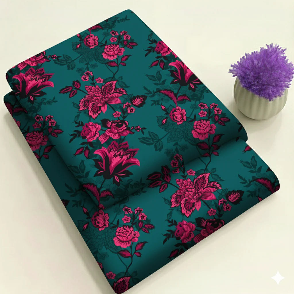 Teal & Hot Pink Floral Print 2-Piece Unstitched Suit