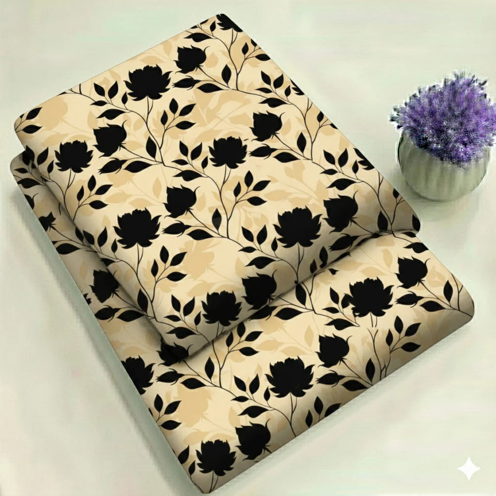 Cream & Black Botanical Floral Print 2-Piece Unstitched Suit