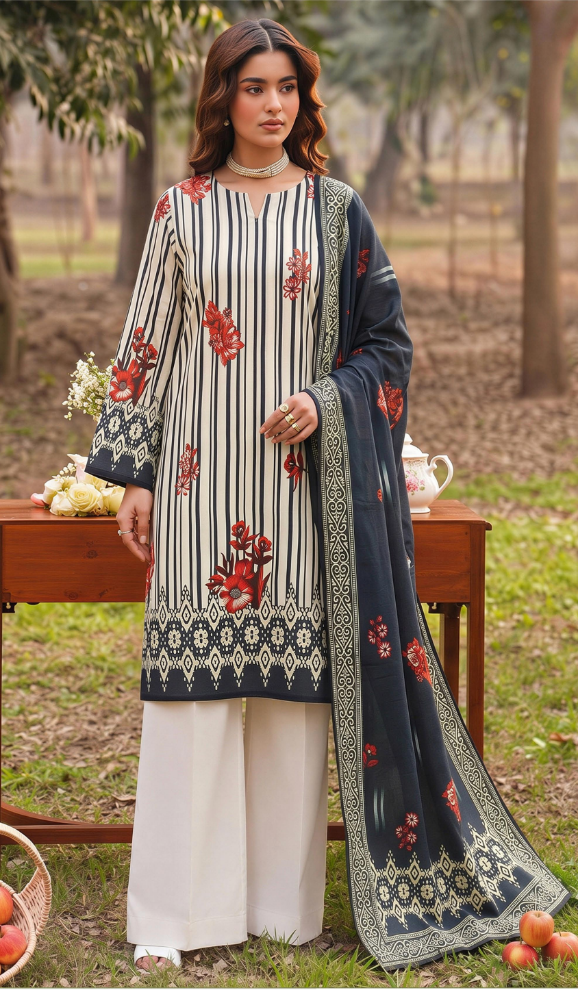A woman models a traditional three-piece salwar kameez suit in an outdoor garden setting. The set features a cream-colored kurta with vertical stripes and red floral prints, cream wide-leg trousers, and a navy blue dupatta with intricate gold borders and red floral motifs.