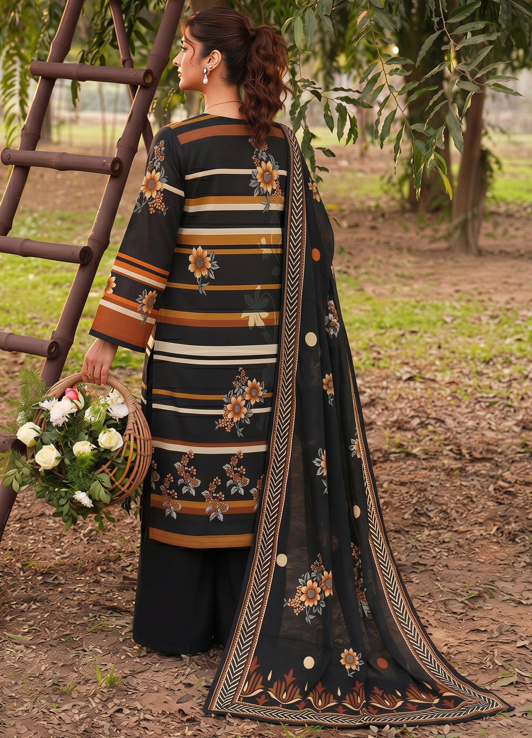 Saqaafah 3 Pc Black and Floral Printed Lawn