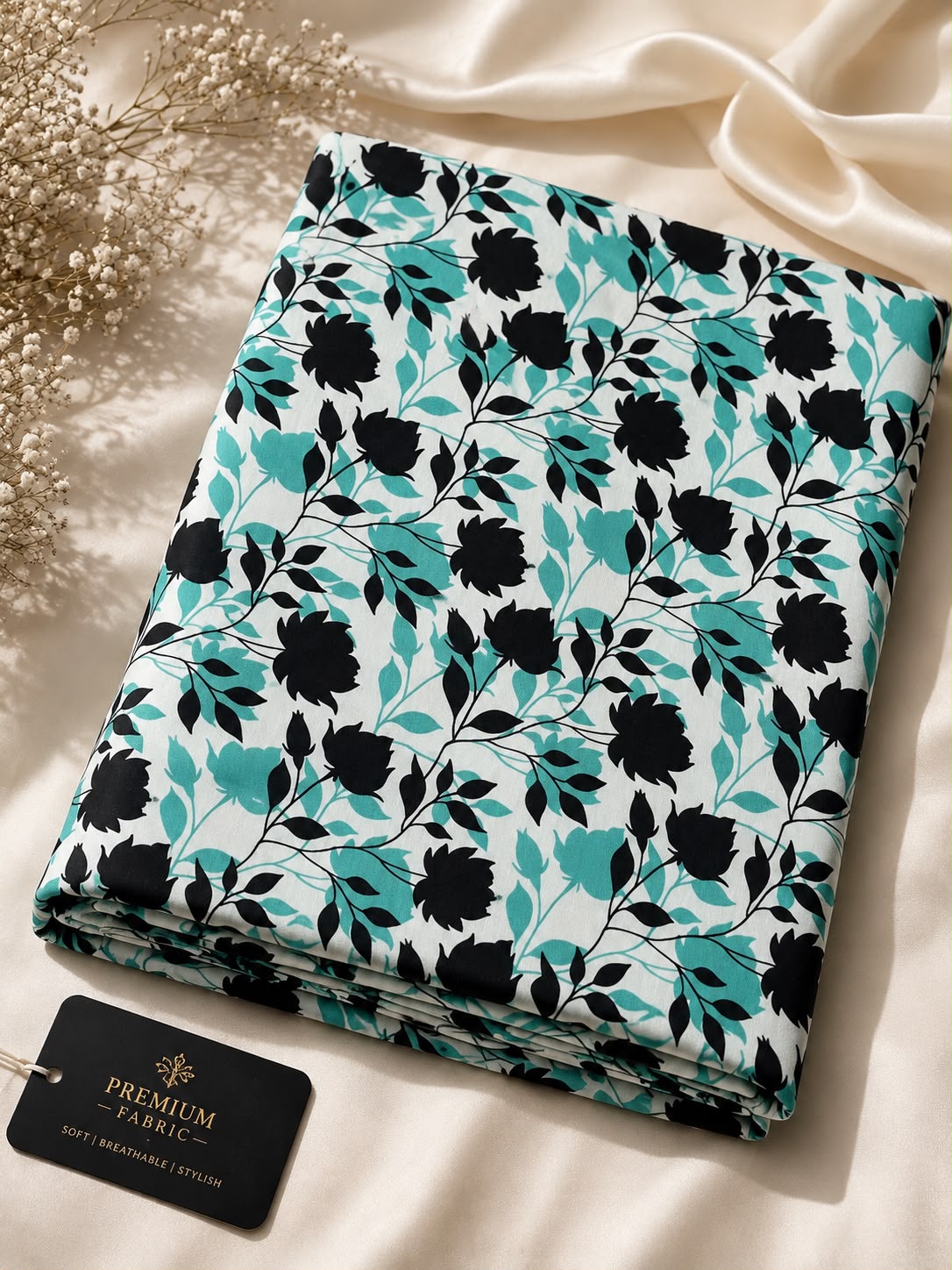 Blue & Black Floral 2-Piece Unstitched Suit