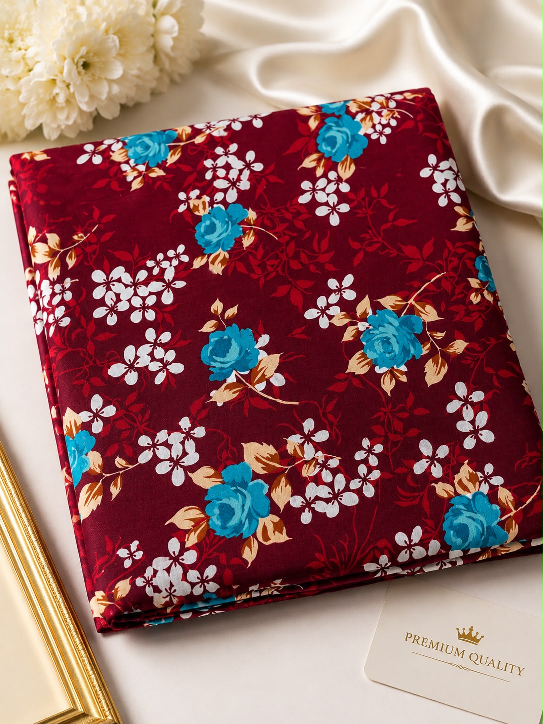 Brown & Blue Floral Print 2-Piece Unstitched Suit