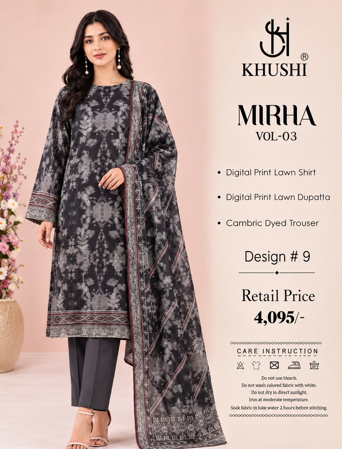 Khushi 3PC Black Print Lawn | Women's Unstitched Lawn Suit