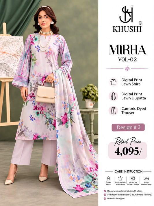 Khushi 3PC Colorful Floral Print Lawn | Women's Unstitched Lawn Suit