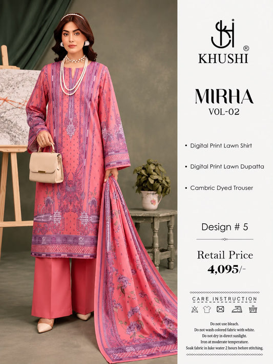 Khushi 3PC Pink Color Lawn | Women's Unstitched Lawn Suit
