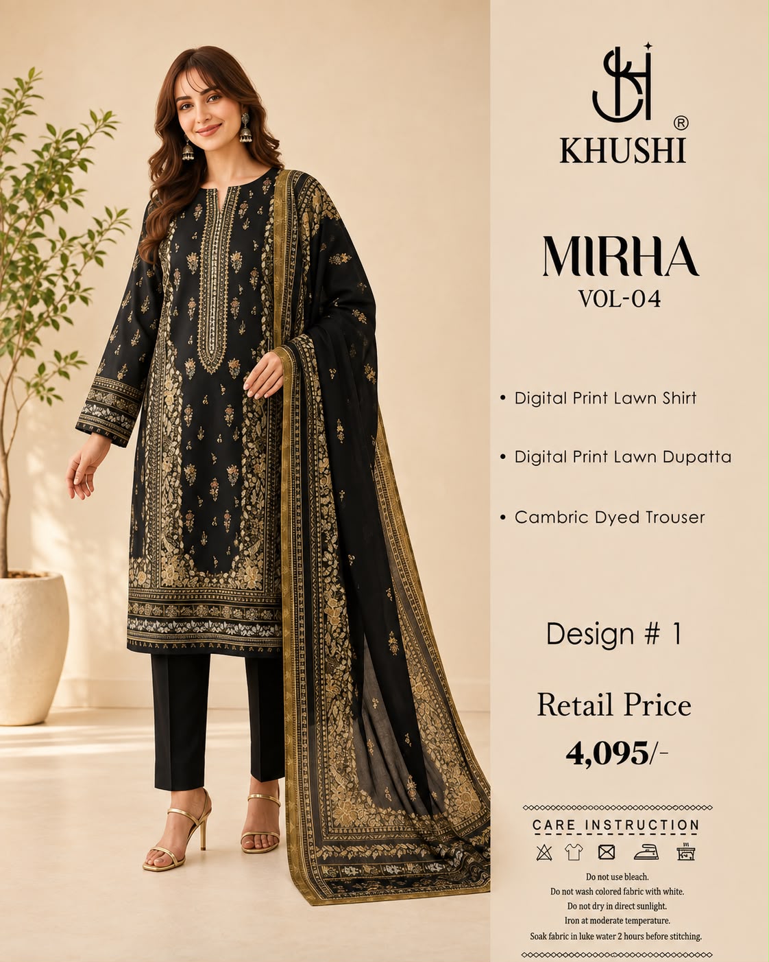 Khushi 3PC Black Printed Lawn | Women's Unstitched Lawn Suit