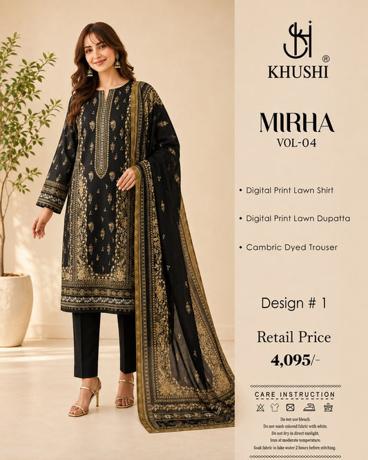 Khushi 3PC Black Printed Lawn | Women's Unstitched Lawn Suit