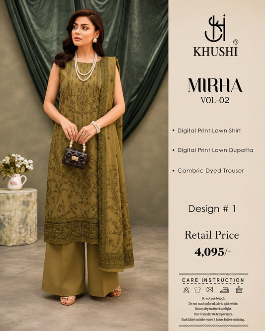 Khushi 3PC Olive Green Lawn | Women's Unstitched Lawn Suit