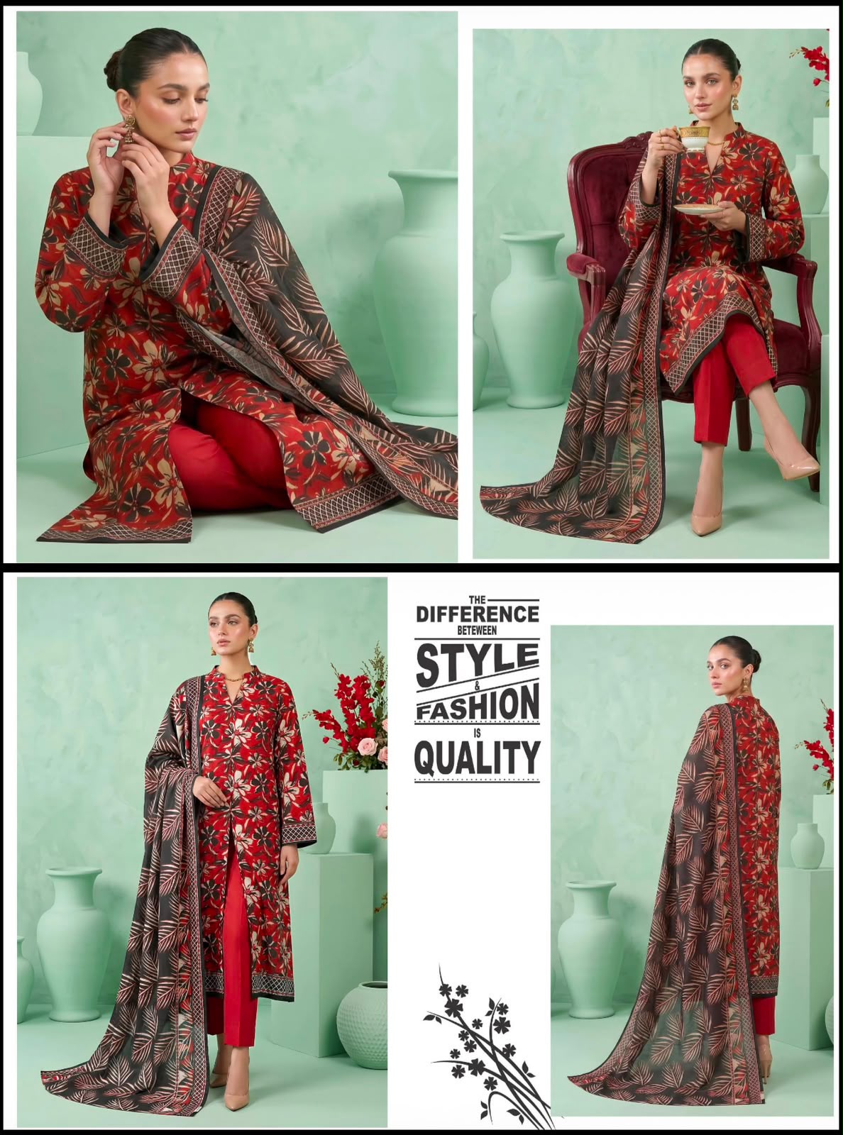Khushi 3PC Red Colorful Floral Lawn | Women's Unstitched Lawn Suit
