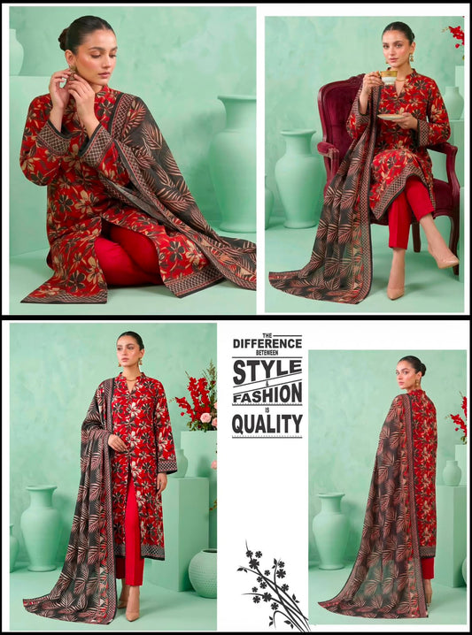 Khushi 3PC Red Colorful Floral Lawn | Women's Unstitched Lawn Suit