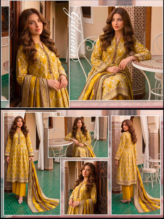 Khushi 3PC Yellow & White Floral Lawn | Women's Unstitched Lawn Suit