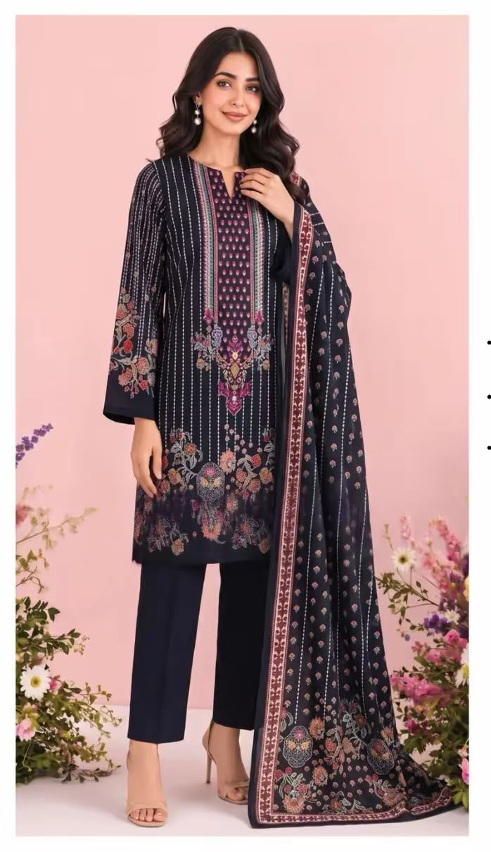 Khushi 3PC Black Striped Lawn | Women's Unstitched Lawn Suit