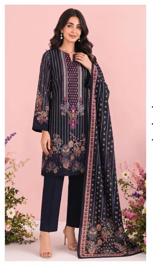 Khushi 3PC Black Striped Lawn | Women's Unstitched Lawn Suit