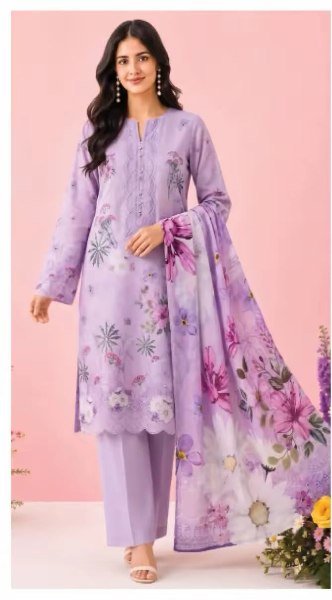 Khushi 3PC Purple Floral Lawn | Women's Unstitched Lawn Suit