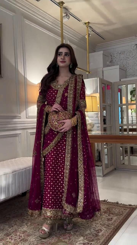 HARIS SHAKEEL – AISHA MARGENTA UNSTICHTED EMBROIDERED 3PC MAXI - KPA0127