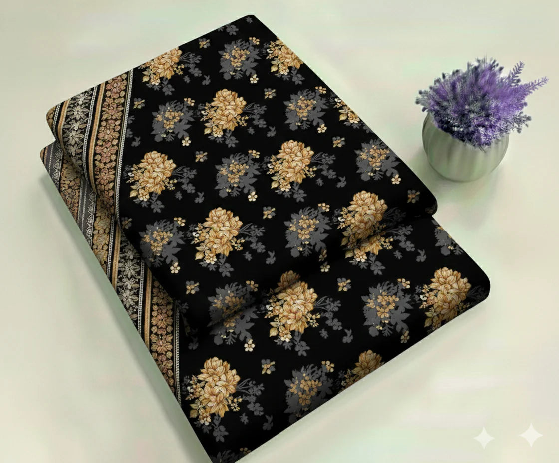 Midnight Black & Vintage Rose Gold with Lace Borders Floral Print 2-Piece Unstitched Suit