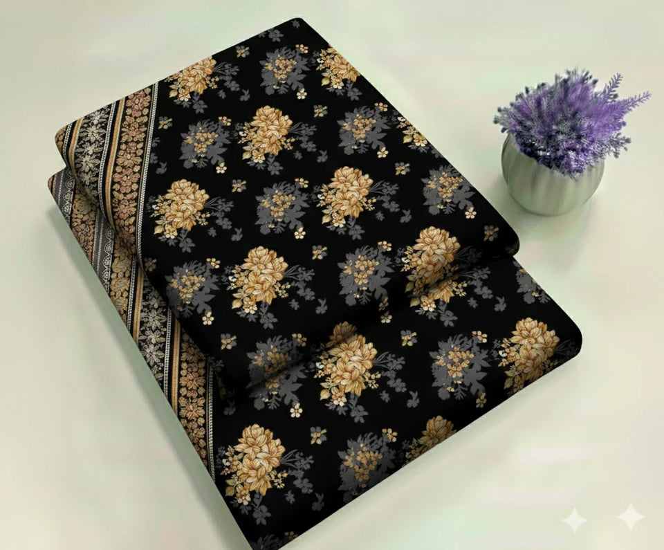 Midnight Black & Vintage Rose Gold with Lace Borders Floral Print 2-Piece Unstitched Suit