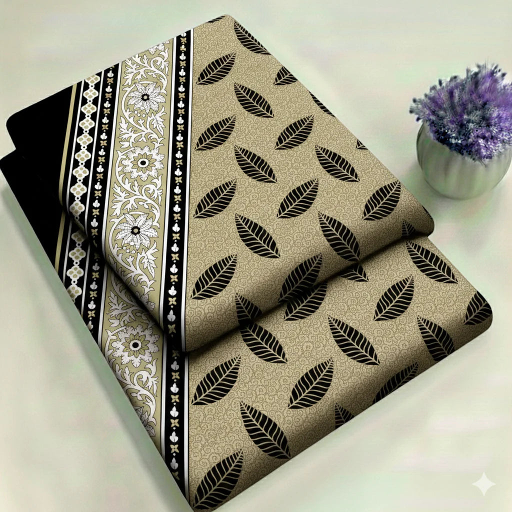 Beige & Black Leaf Floral Print 2-Piece Unstitched Suit