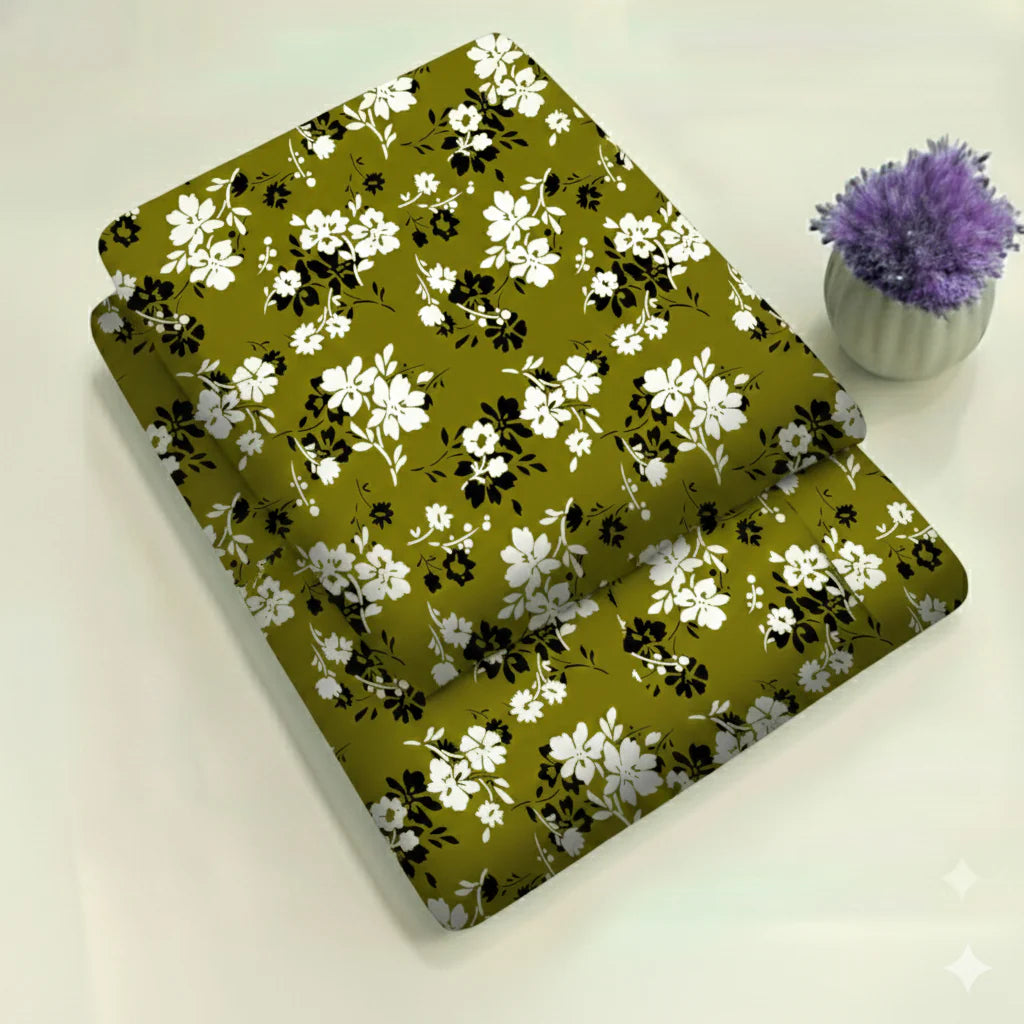 Green with Small White Tiny Bloom Flower Pattern Floral Print 2-Piece Unstitched Suit
