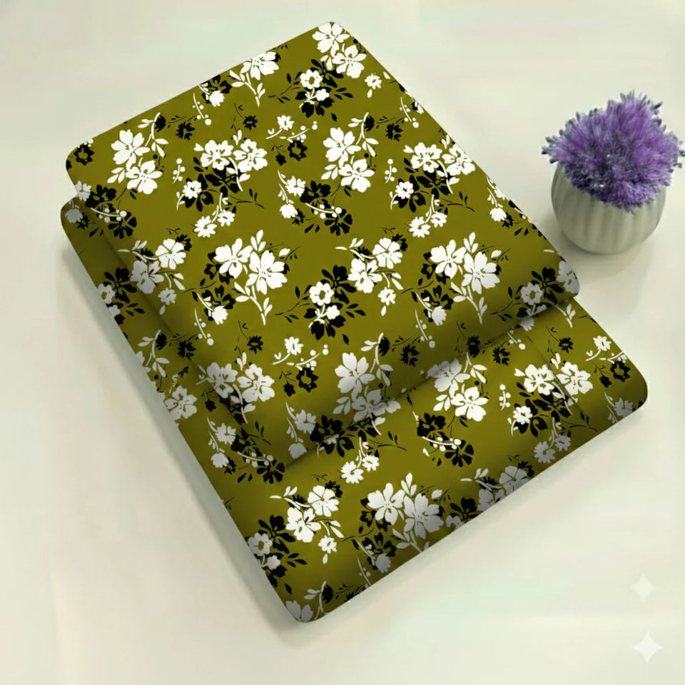 Green with Small White Tiny Bloom Flower Pattern Floral Print 2-Piece Unstitched Suit