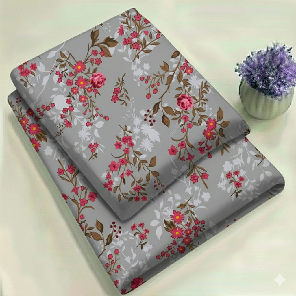 Vintage Grey & Red Garden Floral Print Fabric 2-Piece Unstitched Suit