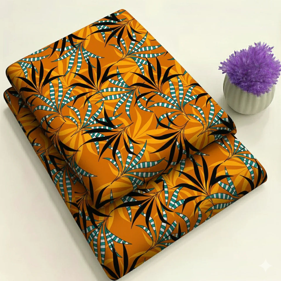 Golden Amber Tropical Frond Print - Black & Turquoise Accents Print 2-Piece Unstitched Suit