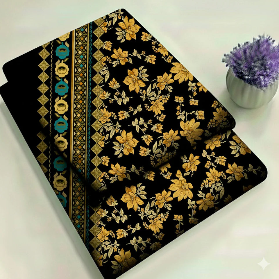 Black & Midnight Gold with Borders Floral Print 2-Piece Unstitched Suit