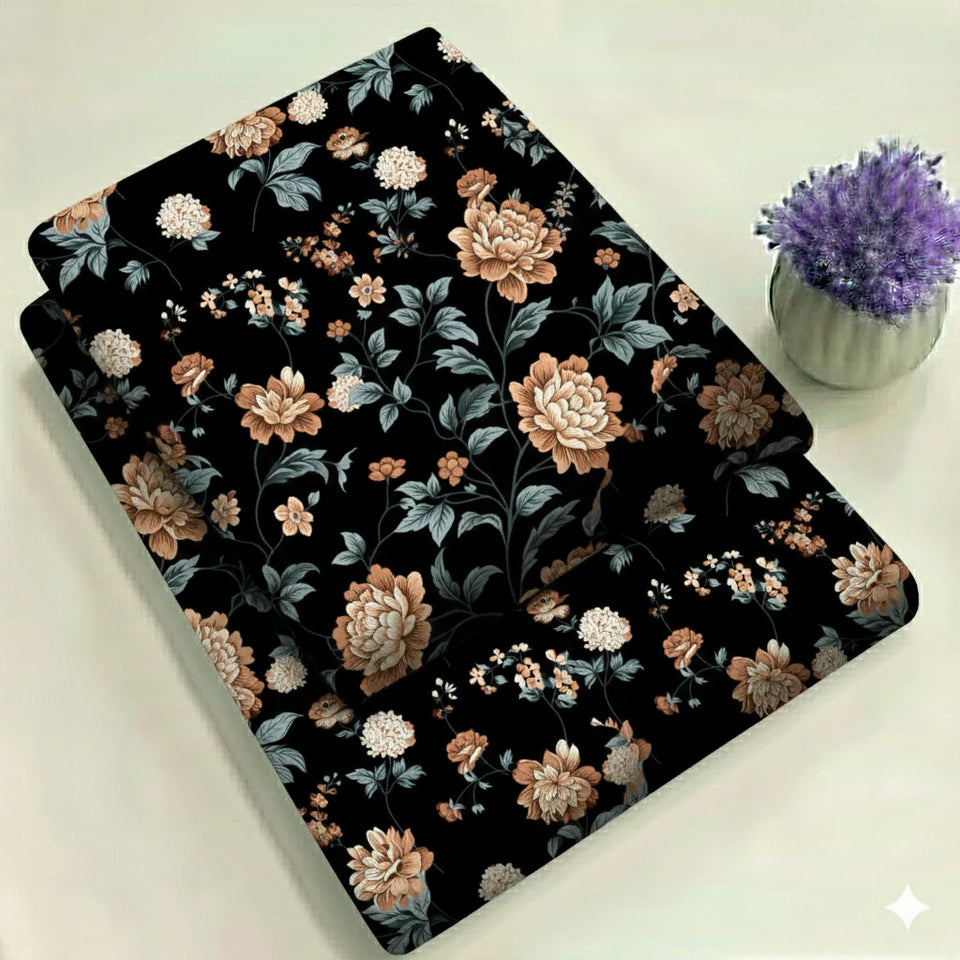 Black with Vintage Brown & Grey Flowers floral Print 2-Piece Unstitched Suit