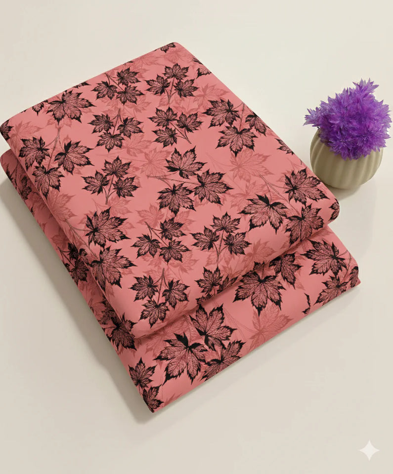 Blush Pink Maple Leaf Floral Print Fabric 2-Piece Unstitched Suit