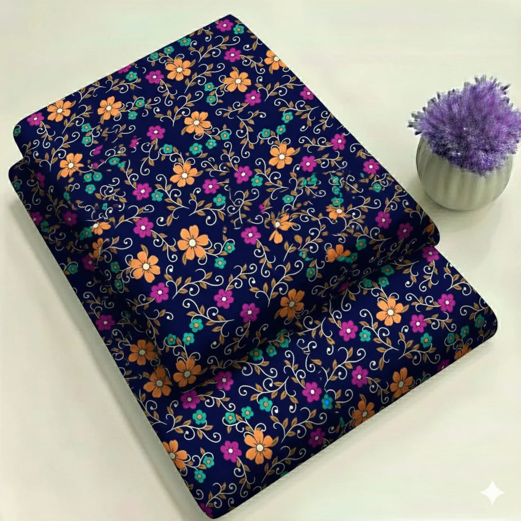 Midnight Blue Suit with Orange & Purple Floral Print 2-Piece Unstitched Suit