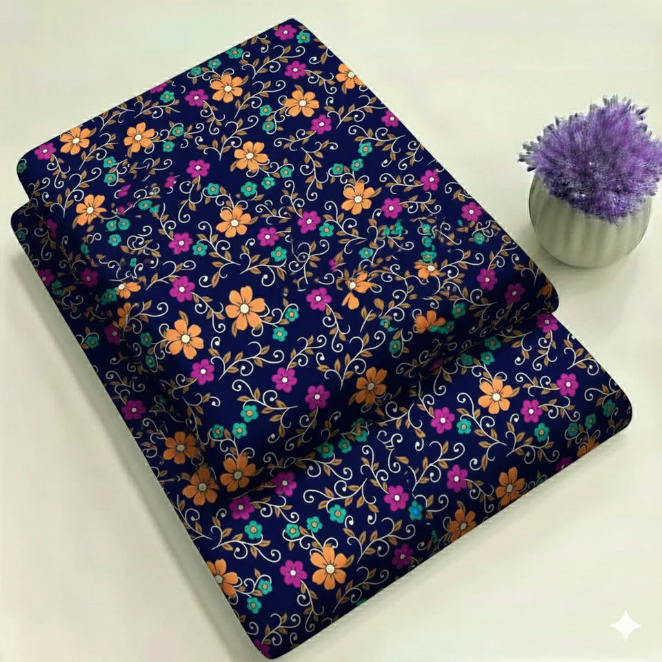 Midnight Blue Suit with Orange & Purple Floral Print 2-Piece Unstitched Suit