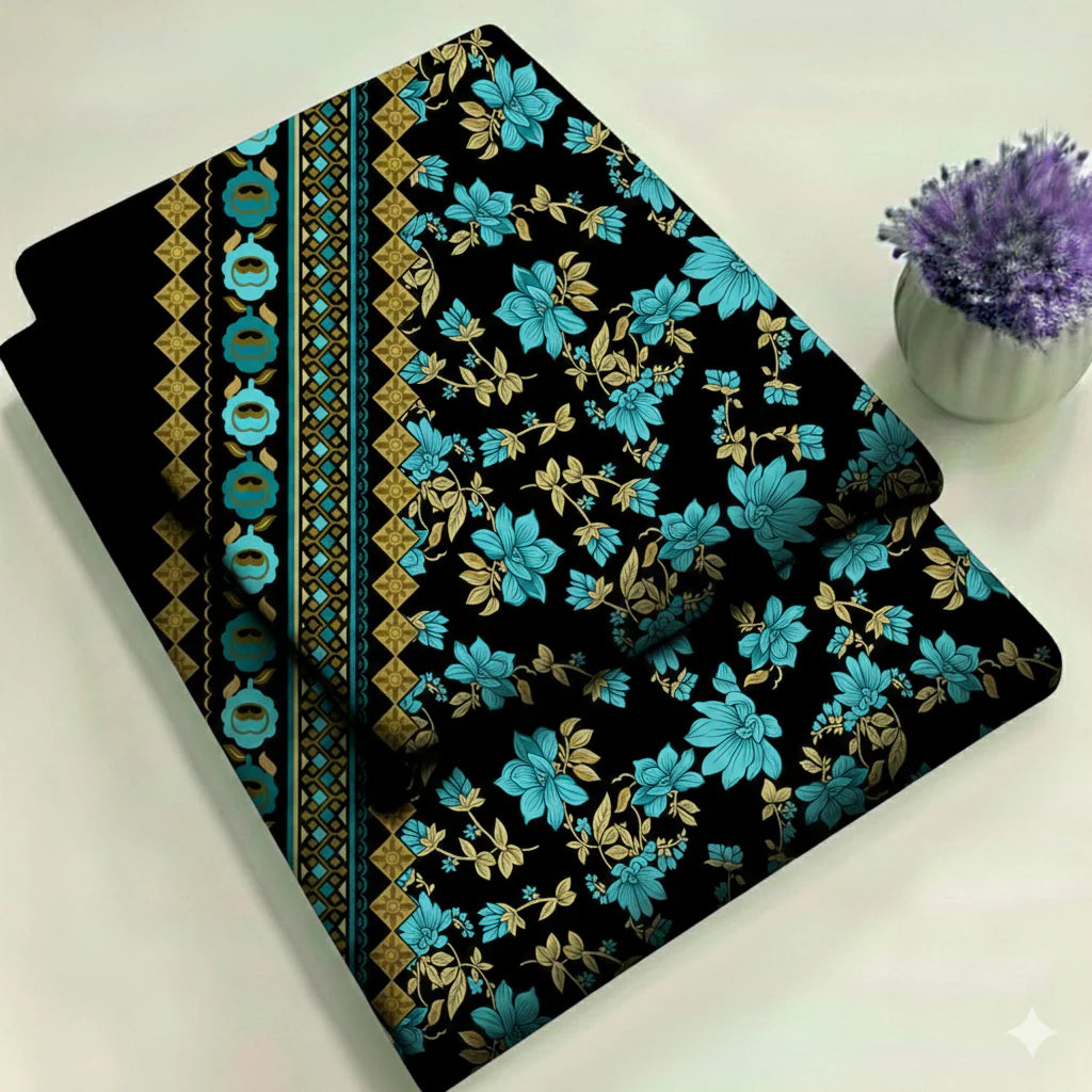 Black & Turquoise with Borders Floral Print 2-Piece Unstitched Suit