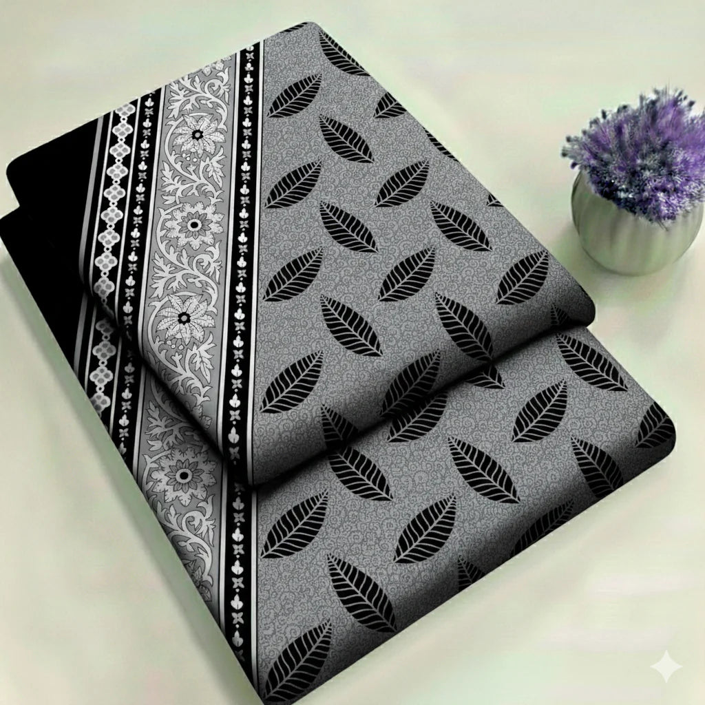 Grey & Black Monochrome Leaf Floral Print 2-Piece Unstitched Suit