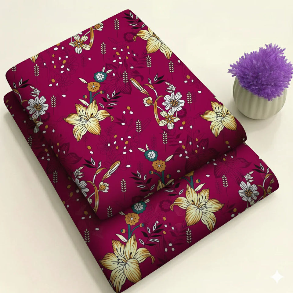 Deep Pink with Yellow & White Flowers Print 2-Piece Unstitched Suit