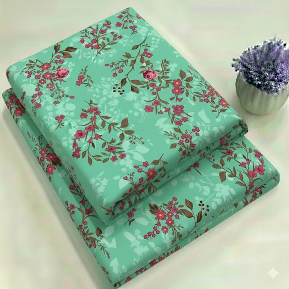 Aqua Mint & Pink Meadow Floral Print Fabric 2-Piece Unstitched Suit