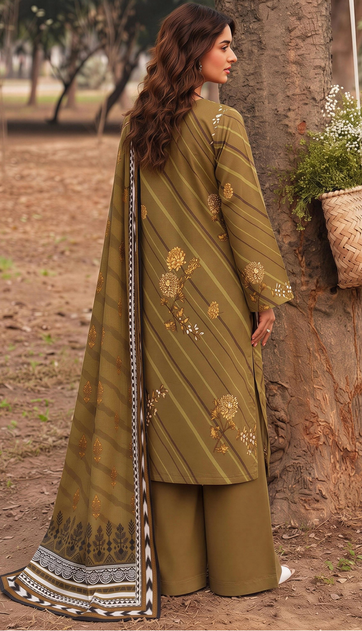 A woman modeling an olive green ethnic three-piece suit with gold floral embroidery and a patterned dupatta, shown in a split-screen collage with the word 'BEAUTY' in the center.
