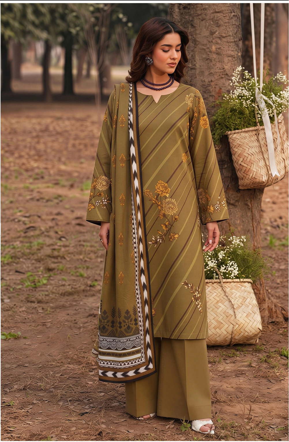 Saqaafah 3 Pc Olive Green Printed Lawn
