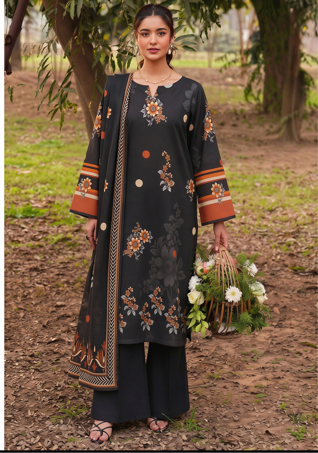 A woman modeling a long black embroidered kurta with wide sleeves and matching pants in an outdoor park setting